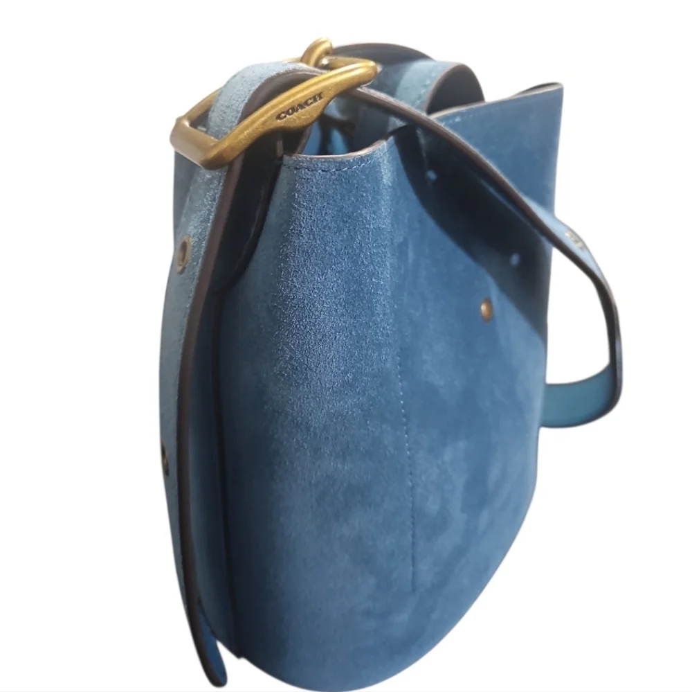 Coach Bleecker Bucket Bag 21 Sea Blue Suede Crossbody Purse Pouch